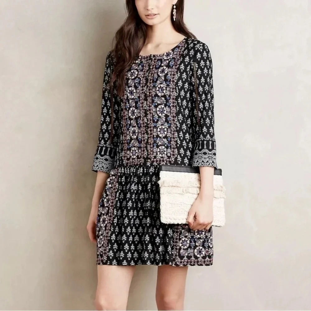 Anthropologie‎ Vanessa Virginia Caria Dress Sz XS Black Red Boho Work School EUC